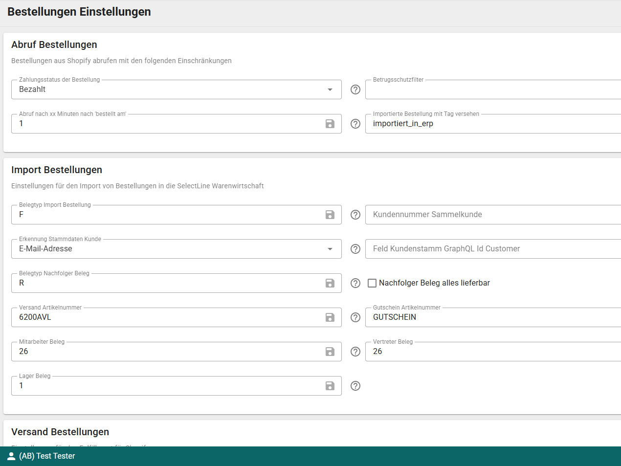 Konfigurationsseite der ITC ShopConnect Schnittstelle mit Einstellungen für Abruf, Import und Verarbeitung von Shopify-Bestellungen in SelectLine