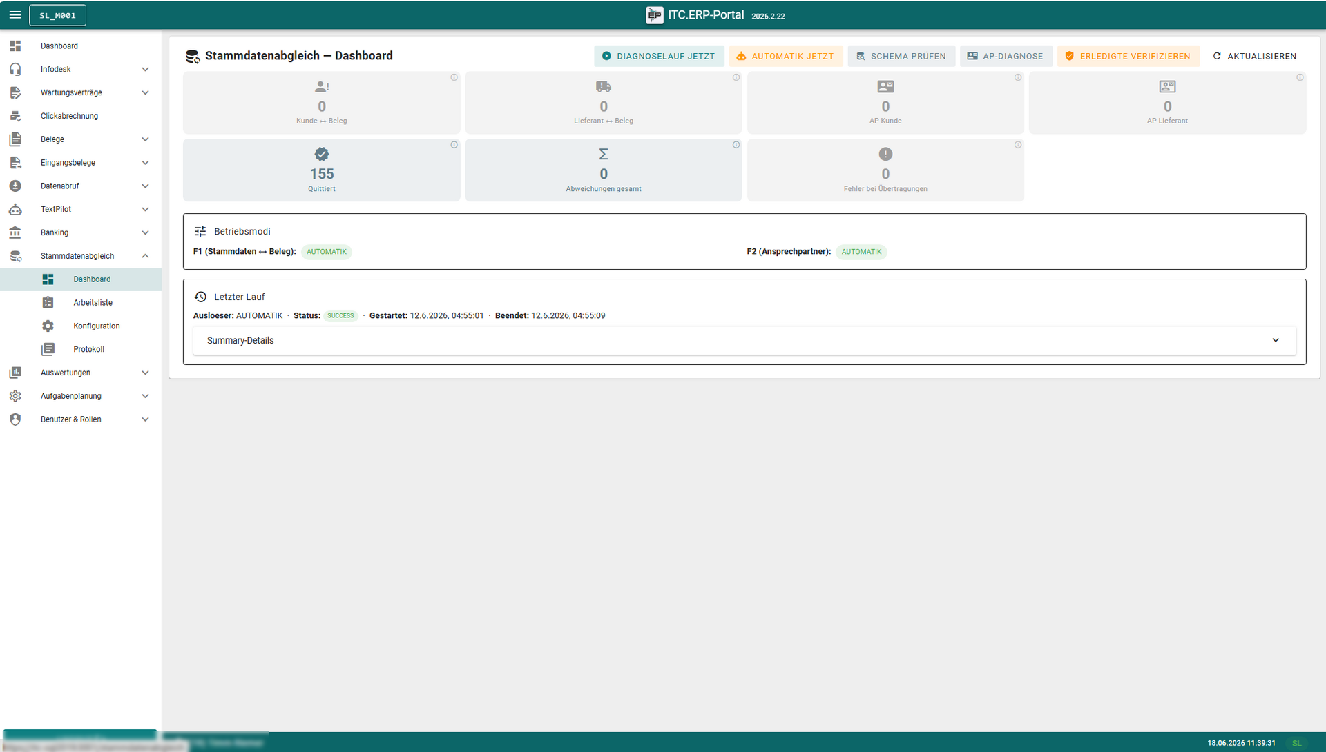 Dashboard des ITC ERP Portal Stammdatenabgleichs mit Kennzahlen, Betriebsmodi und Informationen zum letzten Lauf.