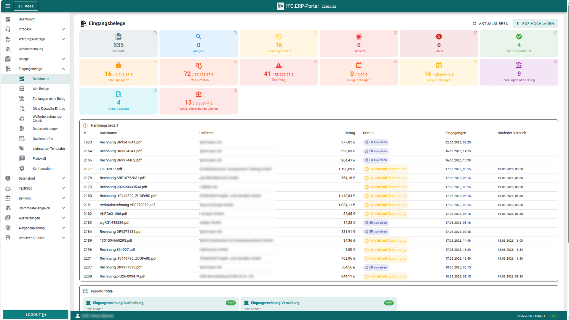 Dashboard für Eingangsbelege im ITCV.ERP Portal mit Kennzahlen zu Belegen, Handlungsbedarf, offenen Posten und Zahlungsstatus.