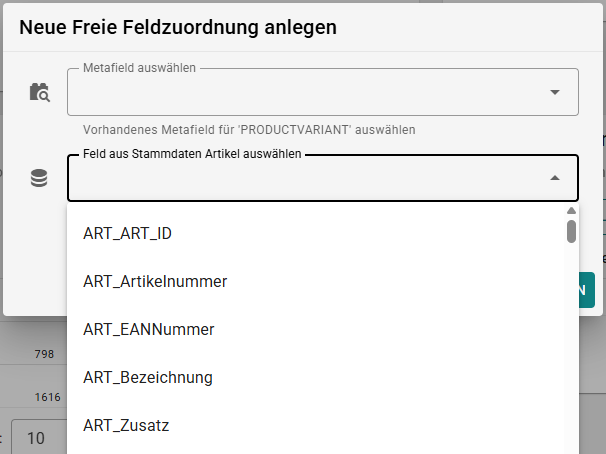 Dialog zur Zuordnung von SelectLine Artikelstammdaten zu Shopify Metafeldern in der Shopify-SelectLine-Schnittstelle