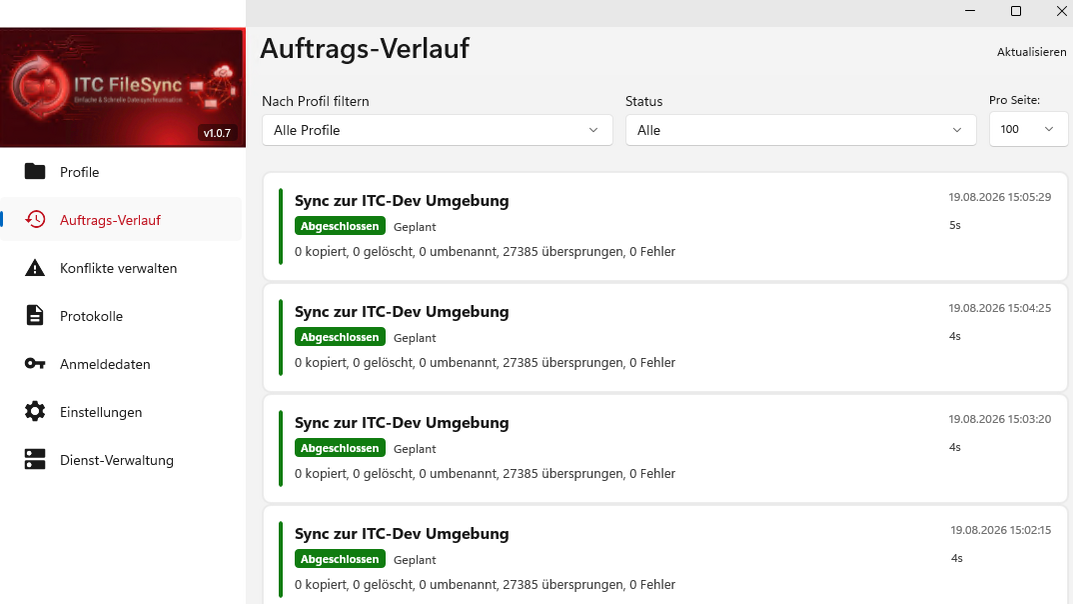 Auftrags-Verlauf im ITC FileSync mit abgeschlossenen Synchronisierungsläufen, Laufzeiten und Anzahl der Änderungen