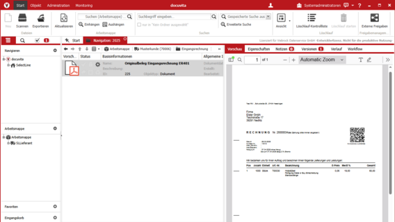 docuvita Dokumentenmanagement-System mit geöffneter Eingangsrechnung und Navigationsstruktur.
