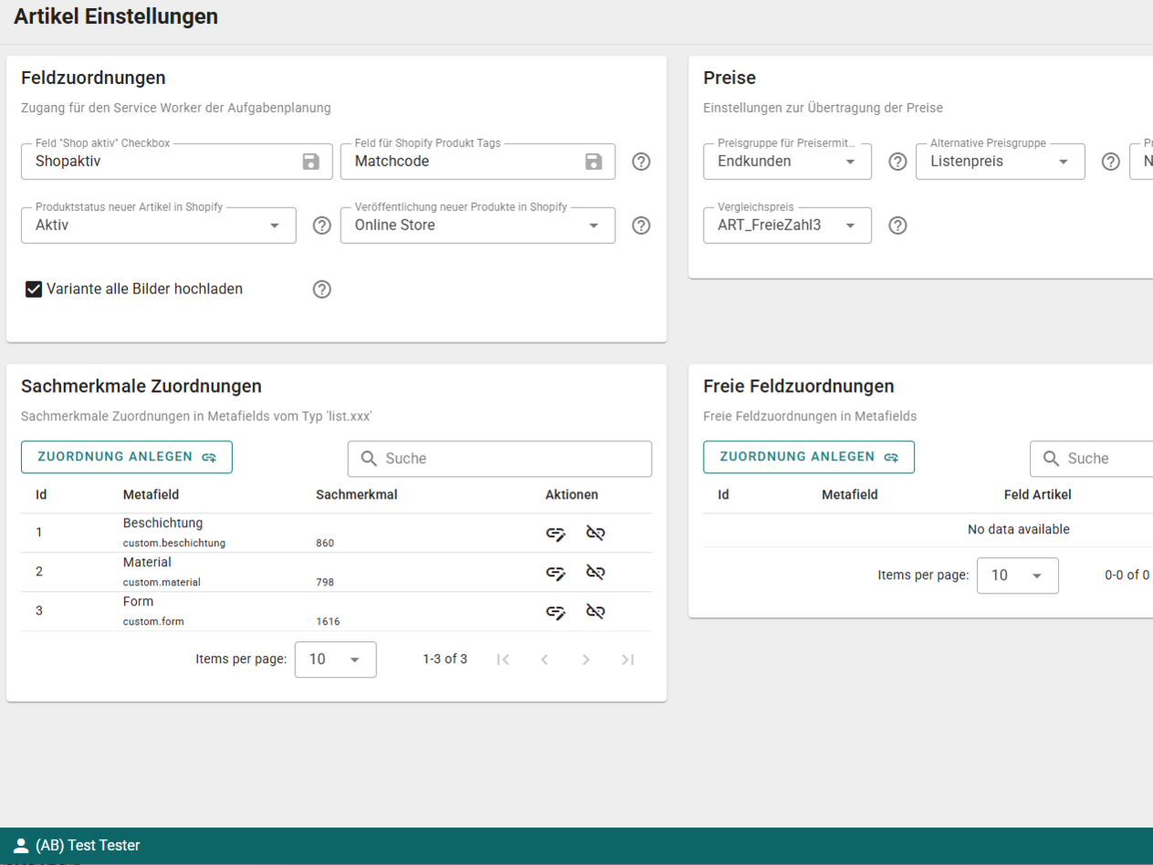 Einstellungsseite der ITC ShopConnect Schnittstelle zur Zuordnung von Artikelattributen, Preisen und Metafeldern zwischen SelectLine und Shopify