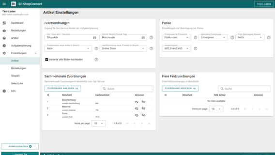 Einstellungsseite der ITC ShopConnect Schnittstelle zur Zuordnung von Artikelattributen, Preisen und Metafeldern zwischen SelectLine und Shopify