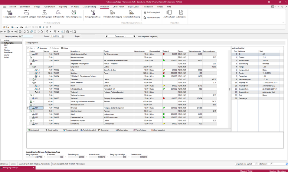 Detailansicht eines Fertigungsauftrags in SelectLine neo mit Stückliste, Materialbestand, Terminen und Kalkulation.
