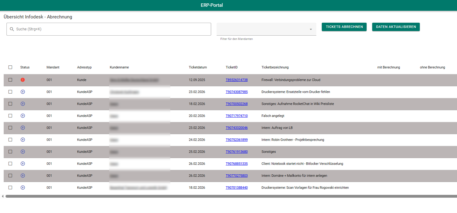 Übersicht der Infodesk-Abrechnung mit Ticketliste, Filterfunktion und Abrechnungsstatus im ITCV ERP-Portal