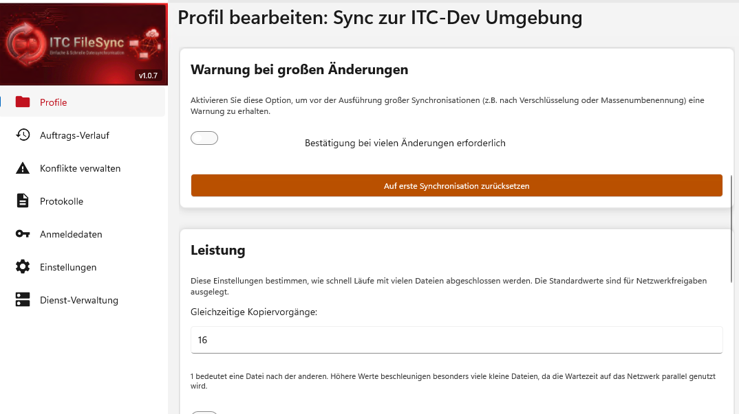 Einstellungen des ITC FileSync für Massenänderungsschutz und parallele Kopiervorgänge