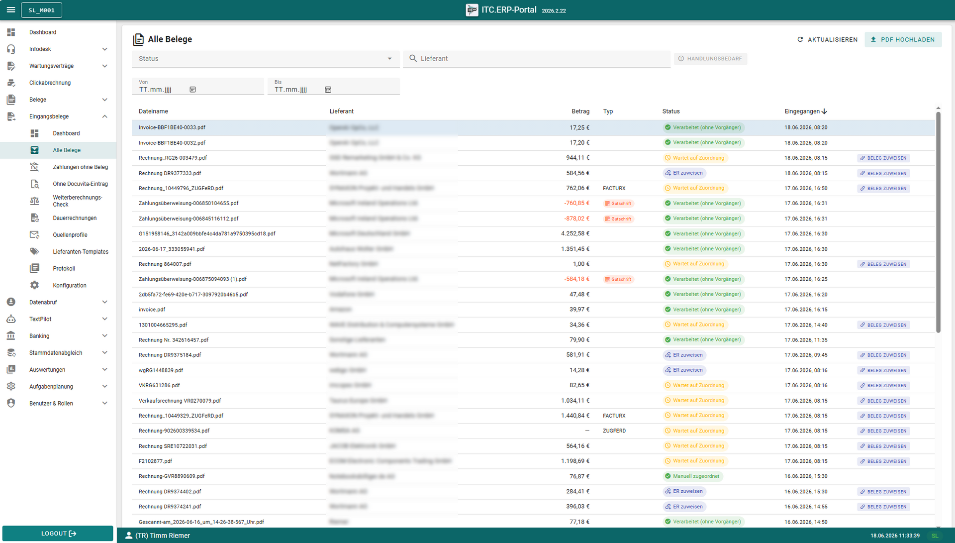 Übersicht aller Eingangsbelege im ITCV.ERP Portal mit Lieferant, Betrag, Typ, Status und Eingangsdatum.