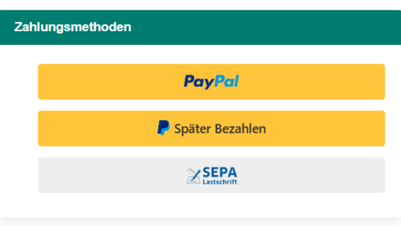 Checkout-Ansicht im SyShop mit integrierten Zahlungsmethoden PayPal, PayPal Später Bezahlen und SEPA Lastschrift.