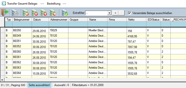 Übersicht aller übertragenen EDI-Belege mit Statusanzeige und Filterfunktion.