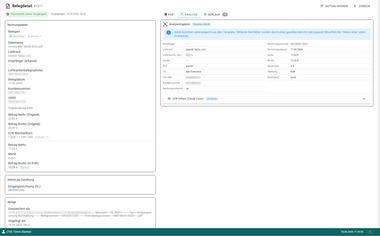Analyseansicht eines Eingangsbelegs im ITCV.ERP Portal mit erkannten Feldern wie Lieferant, Rechnungsnummer, Datum, Betrag und Konfidenz.