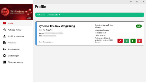 ITC FileSync mit Übersicht eines aktiven Synchronisierungsprofils inklusive Quelle, Ziel, Zeitplan und letztem Lauf