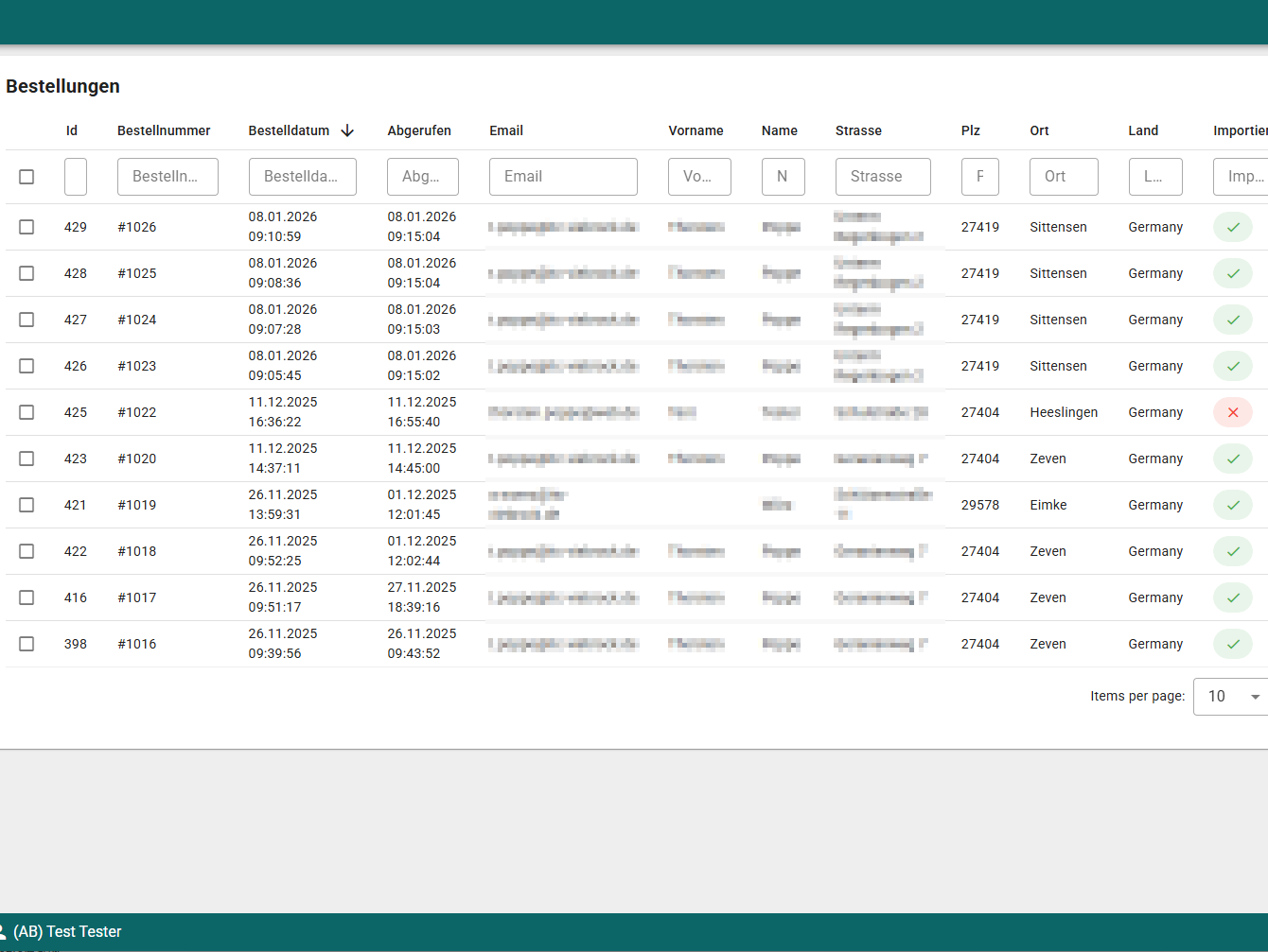 Übersicht importierter Shopify Bestellungen in der SelectLine Schnittstelle mit Bestellnummer, Kundendaten und Importstatus