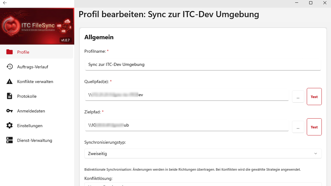 Konfiguration eines ITC FileSync Profils mit Quellpfad, Zielpfad, bidirektionaler Synchronisierung und Konfliktlösung