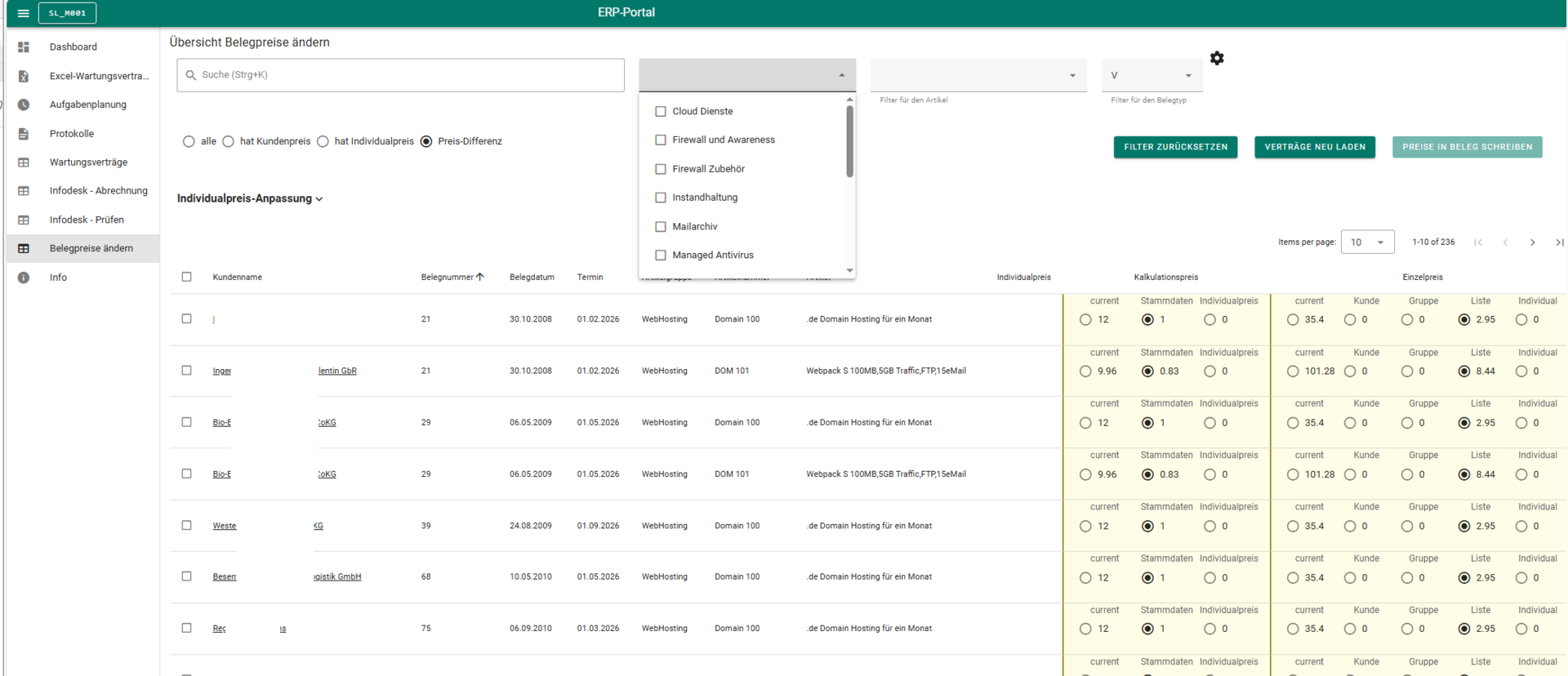 ERP-Portal Übersicht zur Anpassung von Belegpreisen mit Filterfunktionen und Preisvergleich zwischen Stamm- und Individualpreisen.