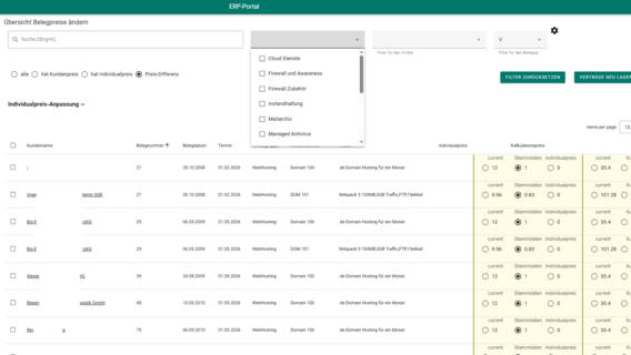 ERP-Portal Übersicht zur Anpassung von Belegpreisen mit Filterfunktionen und Preisvergleich zwischen Stamm- und Individualpreisen.