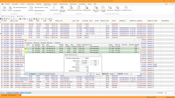 Übersicht offener Debitorenposten mit Zahlungsstatus, Fälligkeiten und Ausgleichsbuchung.