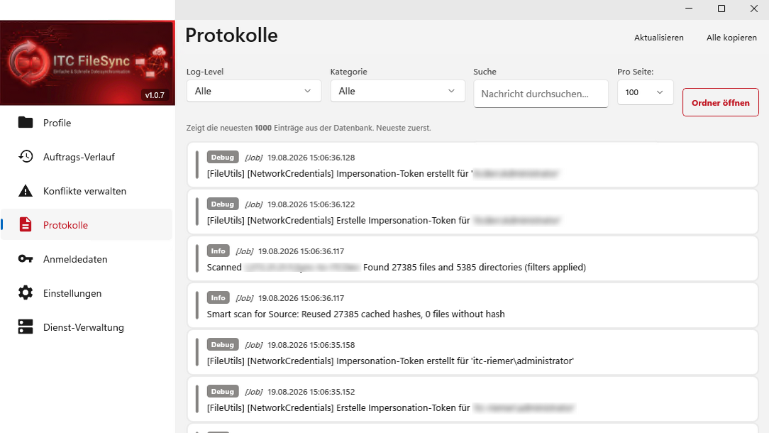 Protokollansicht des ITC FileSync mit Zeitstempeln, Log-Leveln und technischen Informationen zu Synchronisierungsläufen