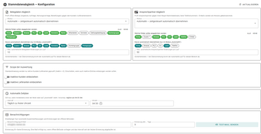 Konfigurationsansicht des ITC ERP Portal Stammdatenabgleichs mit Feldauswahl, Betriebsmodus, Automatik-Zeitplan und Benachrichtigungen.