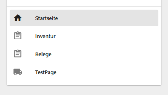 Startseite der ITC Lager-App mit Menüeinträgen für Startseite, Inventur, Belege und weitere Lagerfunktionen