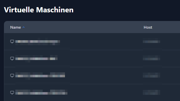 Übersicht virtueller Maschinen im ITC Hyper-V Manager mit Status, Host, RAM, CPU und Aktionen