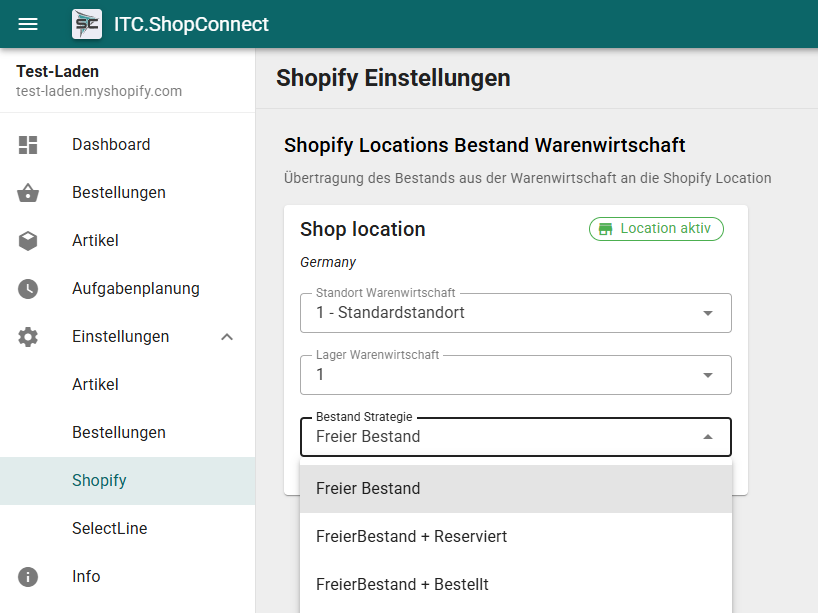 Konfiguration der Shopify-Location und Bestandsstrategie in der ITC ShopConnect Schnittstelle zur Synchronisation von Lagerbeständen zwischen SelectLine und Shopify