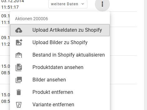 Dropdown-Menü für Shopify Produktaktionen in der SelectLine Schnittstelle mit Optionen zum Upload von Artikeldaten, Bildern und Beständen
