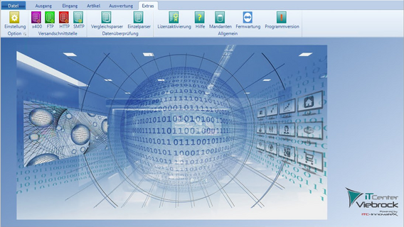 Benutzeroberfläche von ITC EDIConnect mit Menüband für Versand, Empfang und Datenprüfung von EDIFACT-Dateien.