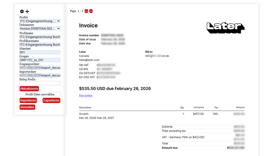 Konfigurationsoberfläche von ITC BelegConnect mit Profilsteuerung, Mandant und Importordnern.