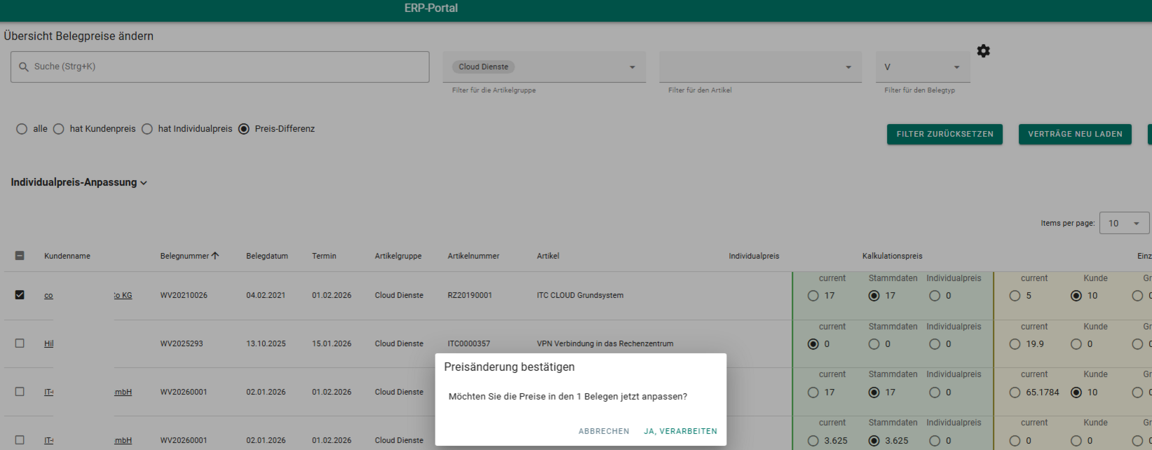 Dialogfenster im ERP-Portal zur Bestätigung der Preisänderung in ausgewählten Belegen.