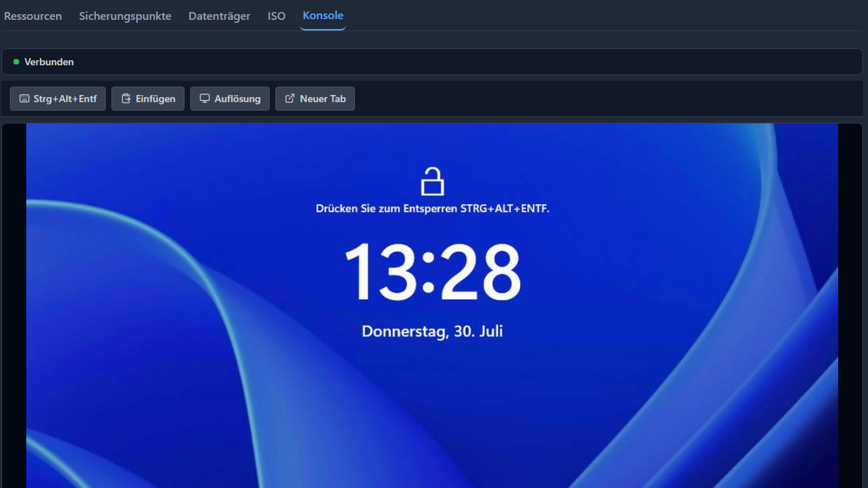 Browser-Konsole des ITC Hyper-V Managers mit direktem Zugriff auf eine virtuelle Windows-Maschine