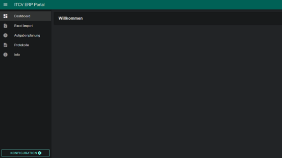 Startansicht des ITCV ERP Portals mit Navigation, Dashboard und Benutzerinformationen.