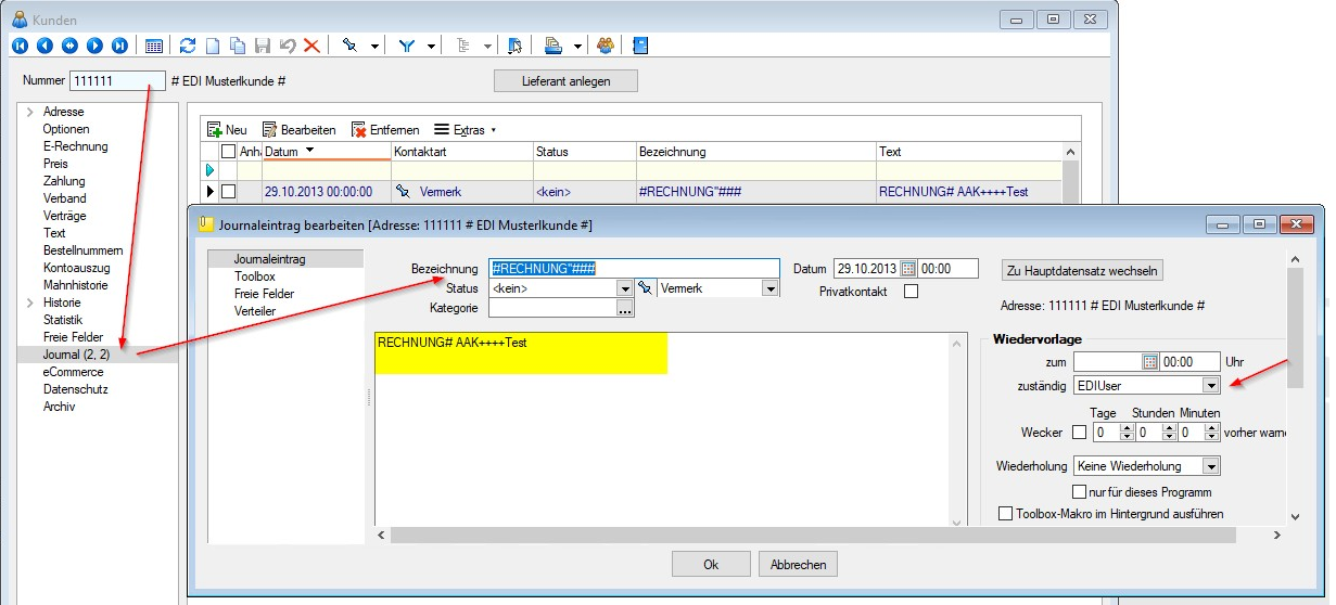 ERP-Journal mit automatisch erzeugtem Eintrag nach EDI-Verarbeitung einer Rechnung.