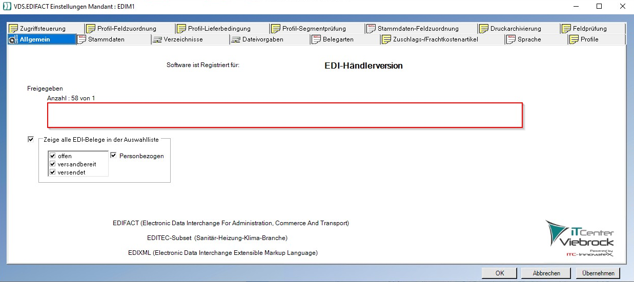Einstellungsoberfläche von ITC EDIConnect zur Mandantenkonfiguration und EDI-Profilsteuerung.