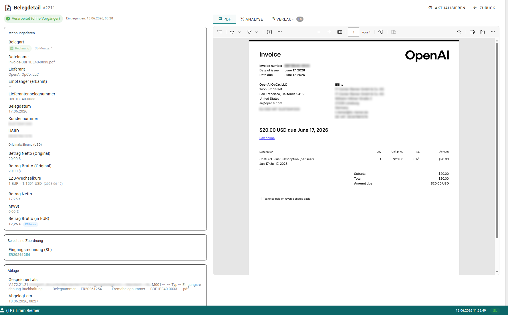 Belegdetail im ITCV.ERP Portal mit erkannten Rechnungsdaten, SelectLine-Zuordnung und PDF-Vorschau.
