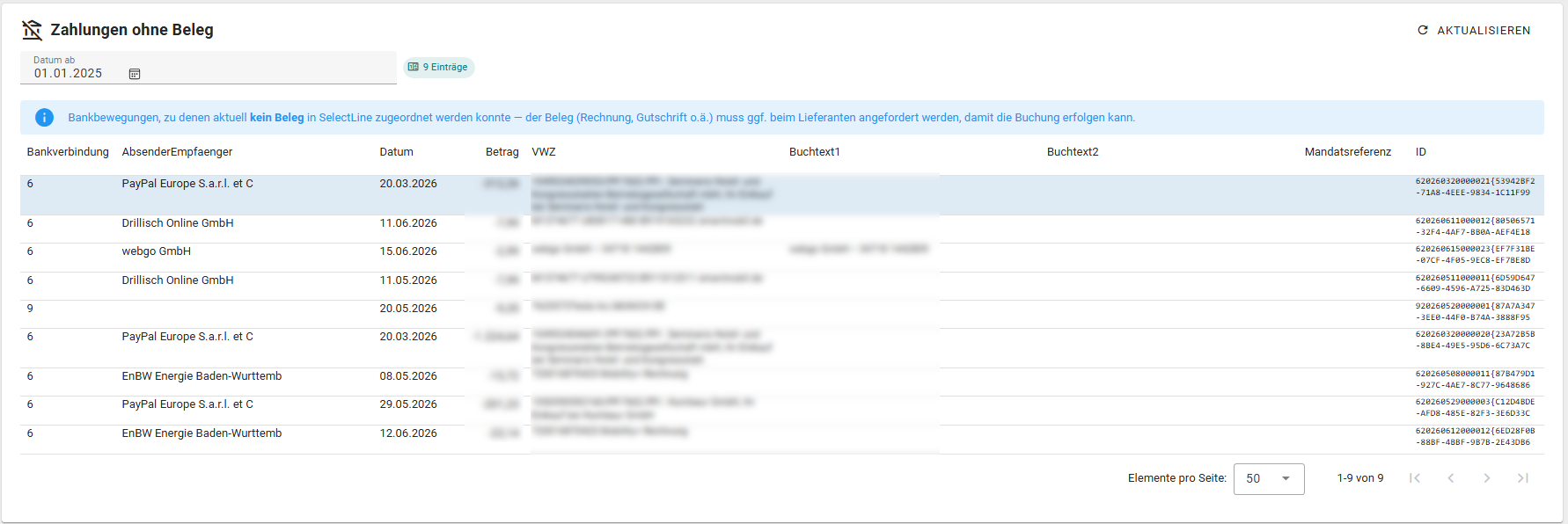 Übersicht von Bankbewegungen im ITCV.ERP Portal, zu denen aktuell kein Beleg in SelectLine zugeordnet werden konnte.