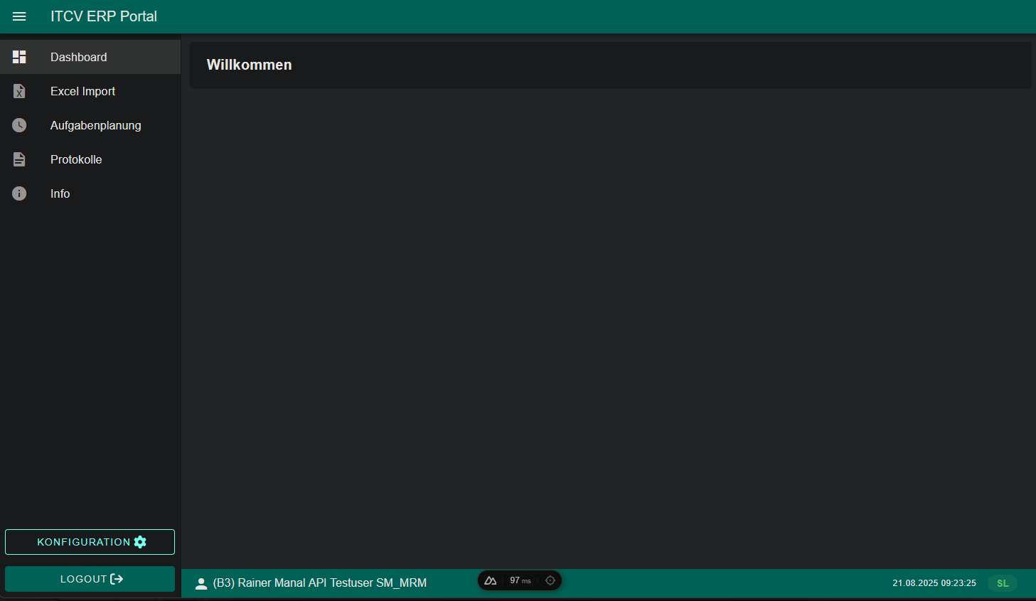 Startansicht des ITCV ERP Portals mit Navigation, Dashboard und Benutzerinformationen.