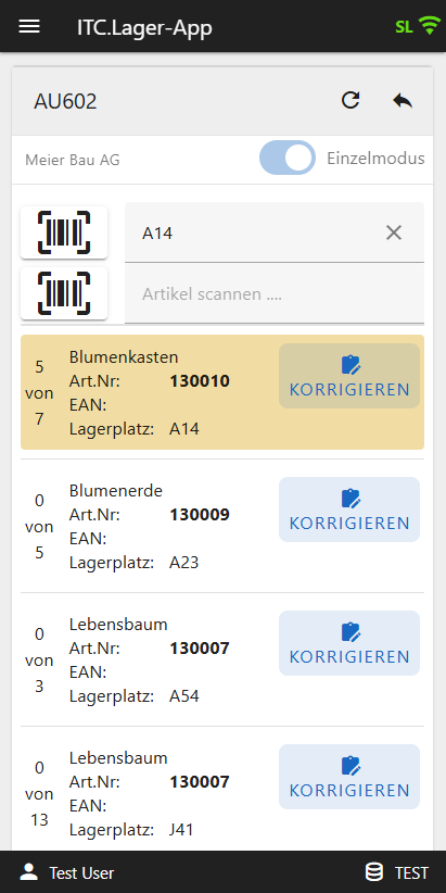 ITC Lager-App zeigt eine Auftragsposition mit gescanntem Lagerplatz und hervorgehobener Artikelposition zur Kommissionierung
