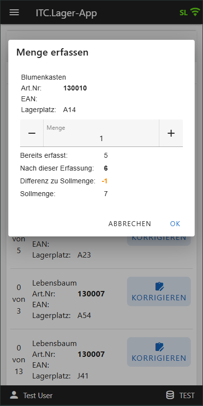 Dialogfenster zur Eingabe einer Artikelmenge in der ITC Lager-App mit Anzeige von Sollmenge, bereits erfasster Menge und Differenz