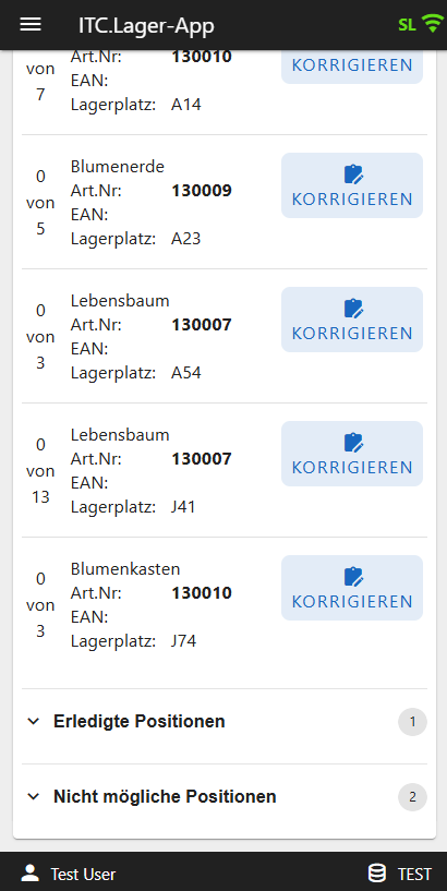 Artikelpositionen eines Auftrags mit Bereichen für erledigte Positionen und nicht mögliche Positionen in der ITC Lager-App