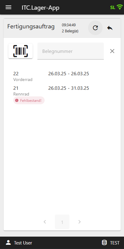 Anzeige offener Fertigungsaufträge mit Belegnummern, Terminen und Statusmeldungen in der ITC Lager-App