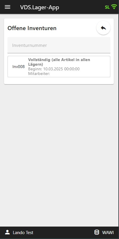 Anzeige offener Inventuren mit Inventurnummer, Beginn und Inventurtyp in der ITC Lager-App