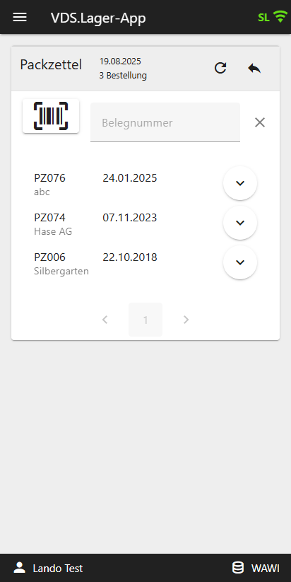 Mobile Anzeige mehrerer Packzettel mit Belegnummern und Kundennamen in der ITC Lager-App