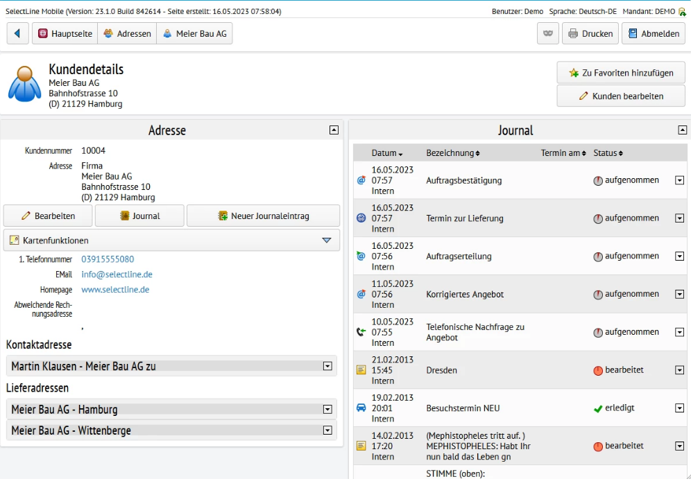 SelectLine Mobile: Kundendetails mit Adresse, Kontakten und Journalübersicht in der mobilen Oberfläche.