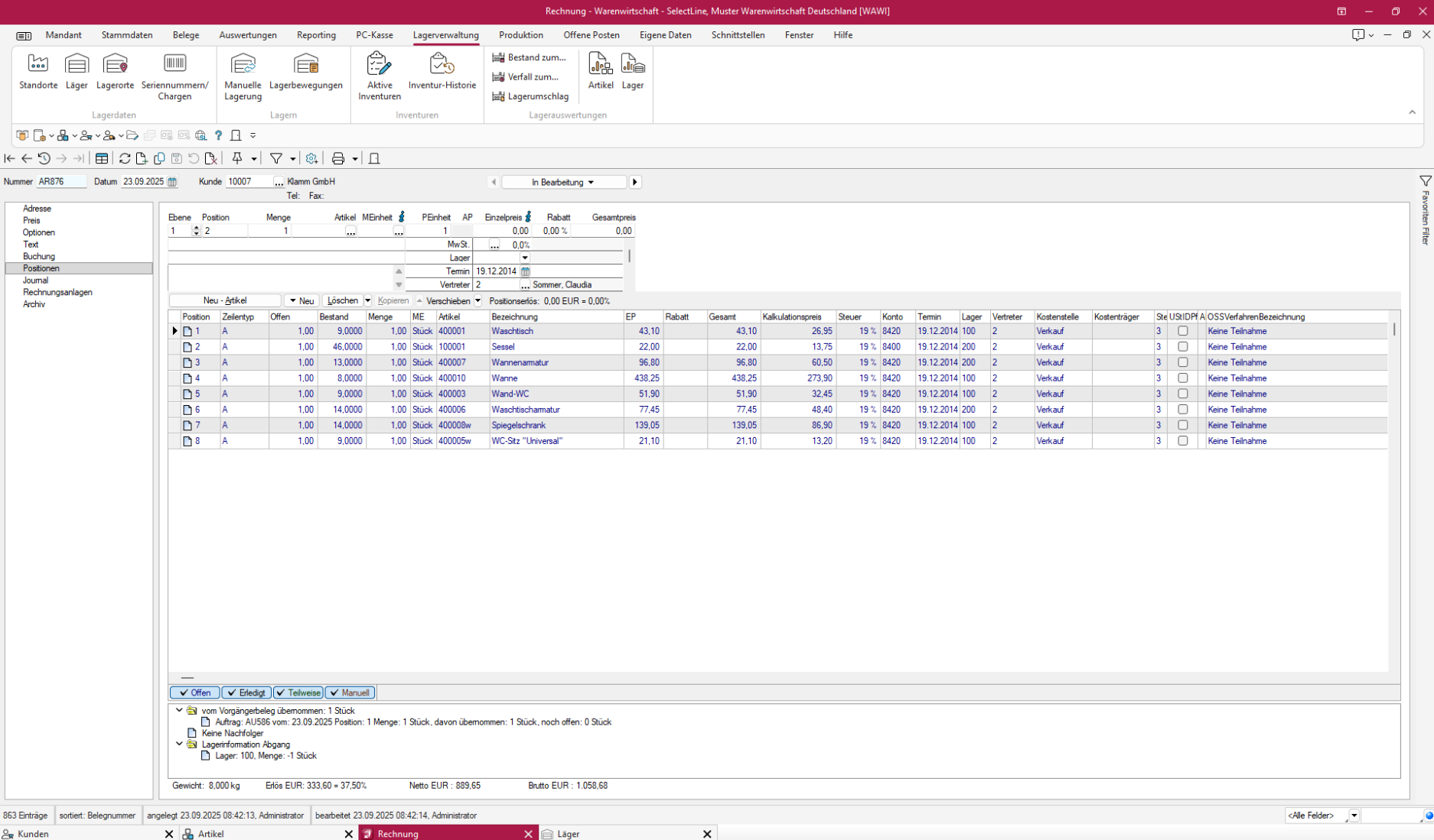 SelectLine neo ERP: Belegbearbeitung mit Positionen und Lagerverwaltung in der Warenwirtschaft.