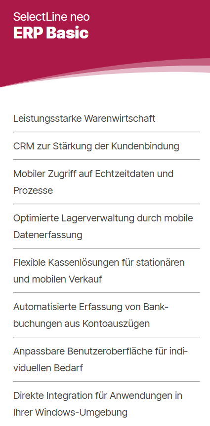 Leistungsübersicht SelectLine neo ERP Basic mit Funktionen wie Warenwirtschaft, CRM und mobiler Zugriff.