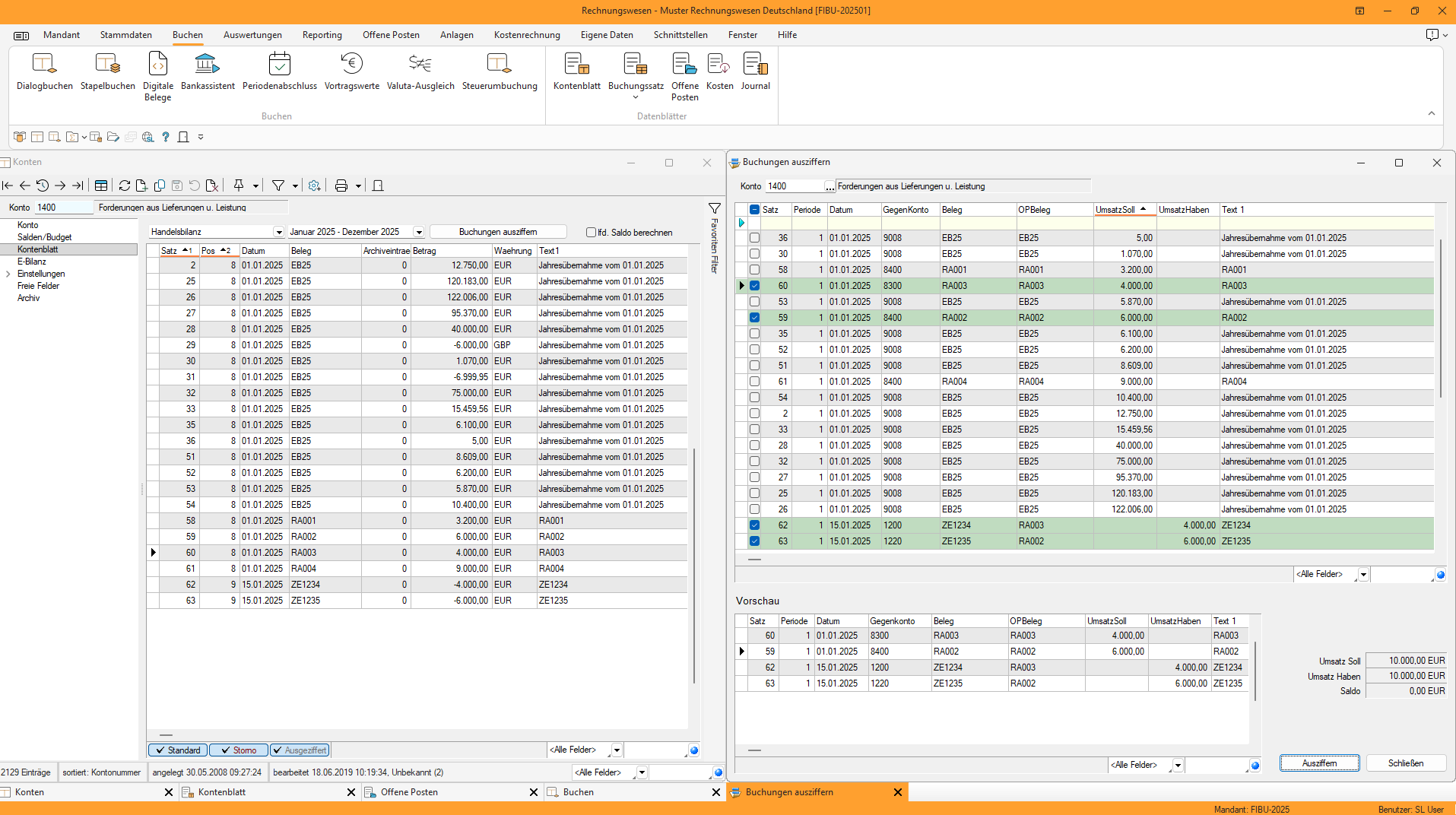 Dialog zur Auszifferung von Buchungen mit Gegenkonten, Belegnummern und Saldoübersicht.