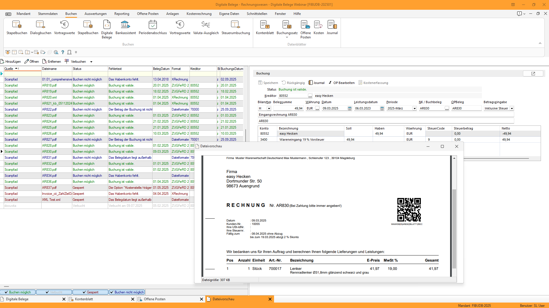 Buchungsmaske mit digitaler Rechnungsvorschau und automatischer Kontierung in SelectLine neo.