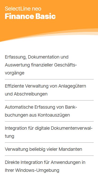 Produktübersicht von SelectLine neo Finance Basic mit Funktionen für Buchhaltung, Bankintegration und Mandantenverwaltung.