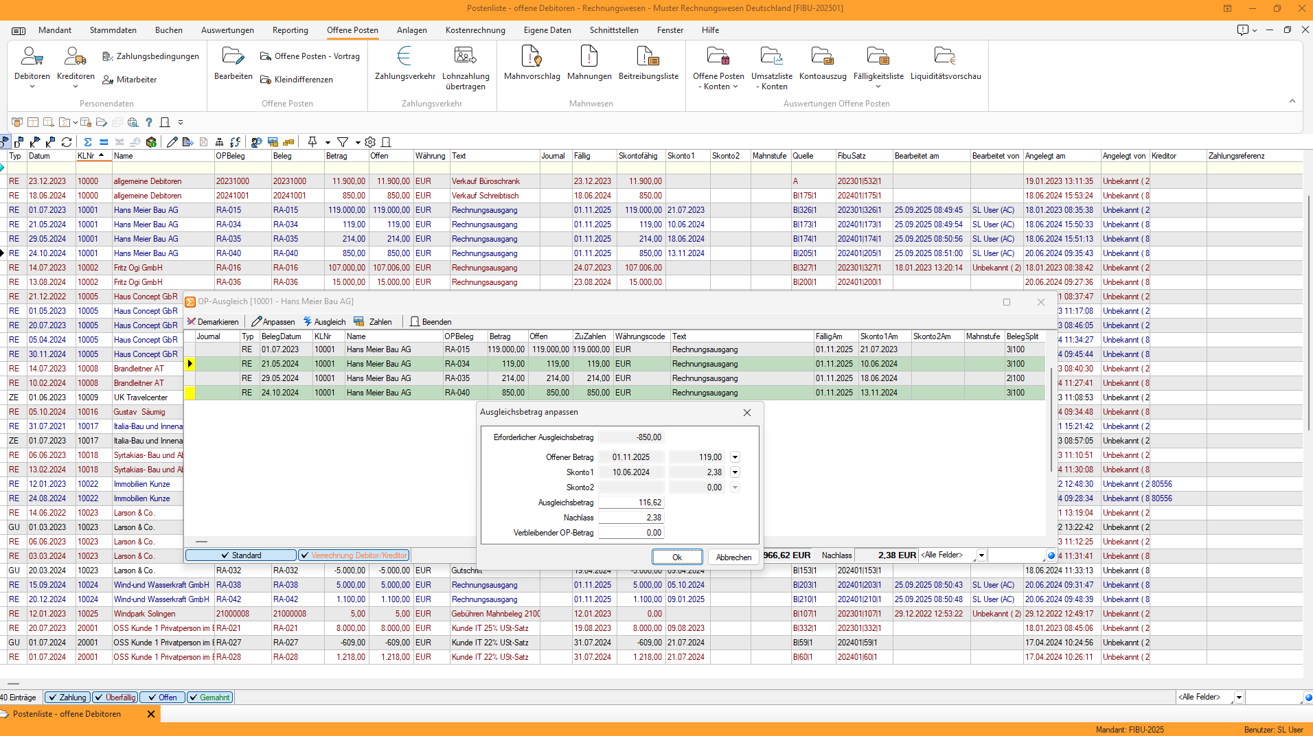 Übersicht offener Debitorenposten mit Zahlungsstatus, Fälligkeiten und Ausgleichsbuchung.